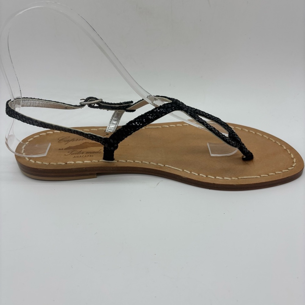 NWOT Capritouch Tailor Made Flat Strappy  Sandal Black Snake Leather Womens 39 9
